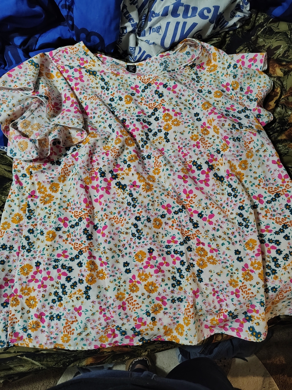 Women's Floral Ruffle Sleeve Top - White with Pink & Yellow Flowers